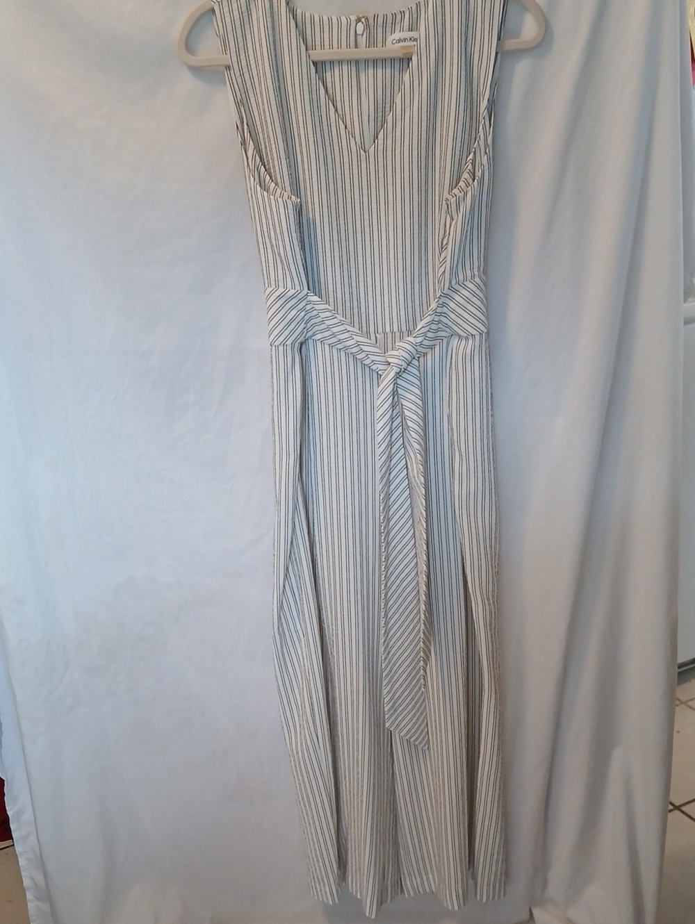 Calvin Klein Black White Striped Sleeveless Jumper Tie Waist Wide Flowy Legs